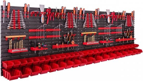 Gereedschapswand opslagsysteem - 1728 x 780 mm - set met gatenwand met gereedschapshouders en rode stapelboxen met deksel - wandrek werkplaatsrek opbergdozen Gereedschapswand opslagsysteem - 1728 x 780 mm - set met gatenwand met gereedschapshouders en rode stapelboxen met deksel - wandrek werkplaatsrek opbergdozen