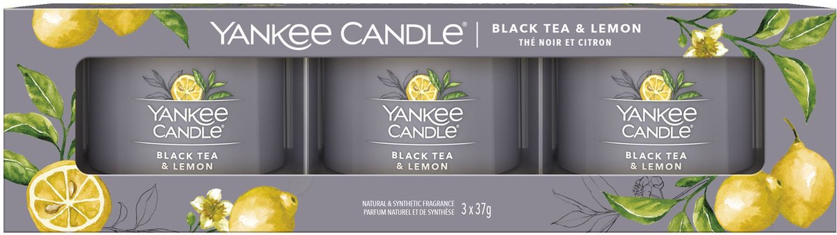 Yankee Candle Filled Votive 3-pack - Black Tea & Lemon - 30 branduren - 3 stuks Grijs