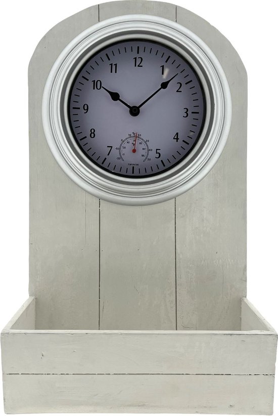 Buitenklok - Houten Plantenbak met klok en Thermometer - Buiten Gebruik - Wit - 50 x 30 x 15 cm