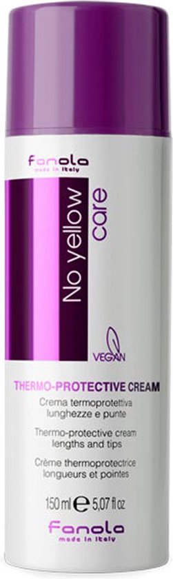 Fles met paarse dop, witte body met paarse verticale streep en tekst 'No yellow care'. Thermoprotective cream.
