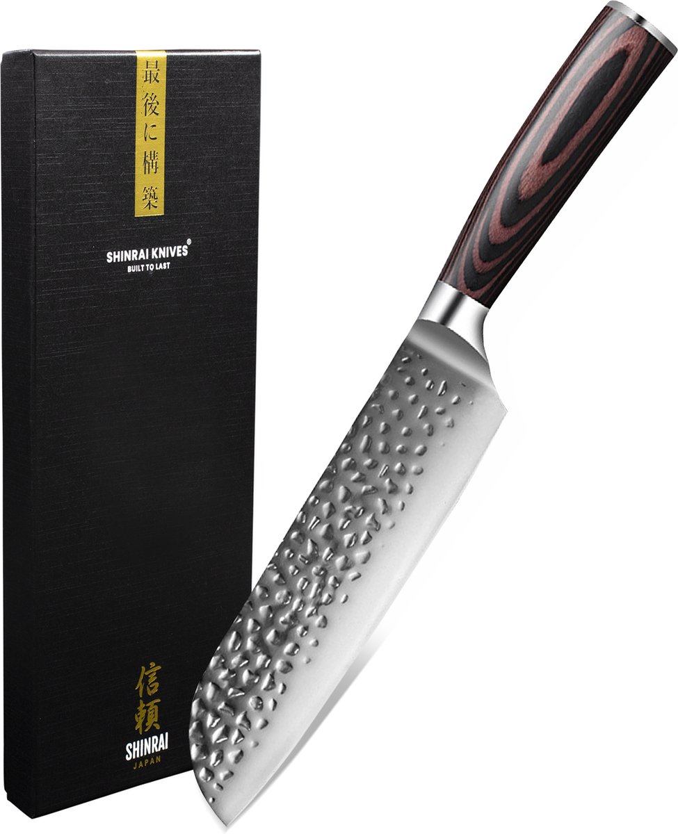 Shinrai Knives - Santokumes 18 cm - Koksmes - RVS Staal Mes - Hammered RVS - Met Luxe Geschenkdoos - Keukenmes - Japans Koksmes
