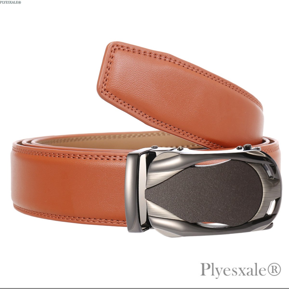 Plyesxale-Riem Heren Leren-Camel leder heren broekriem met bruin -zilver matic gesp 130 cm lang Plyesxale®