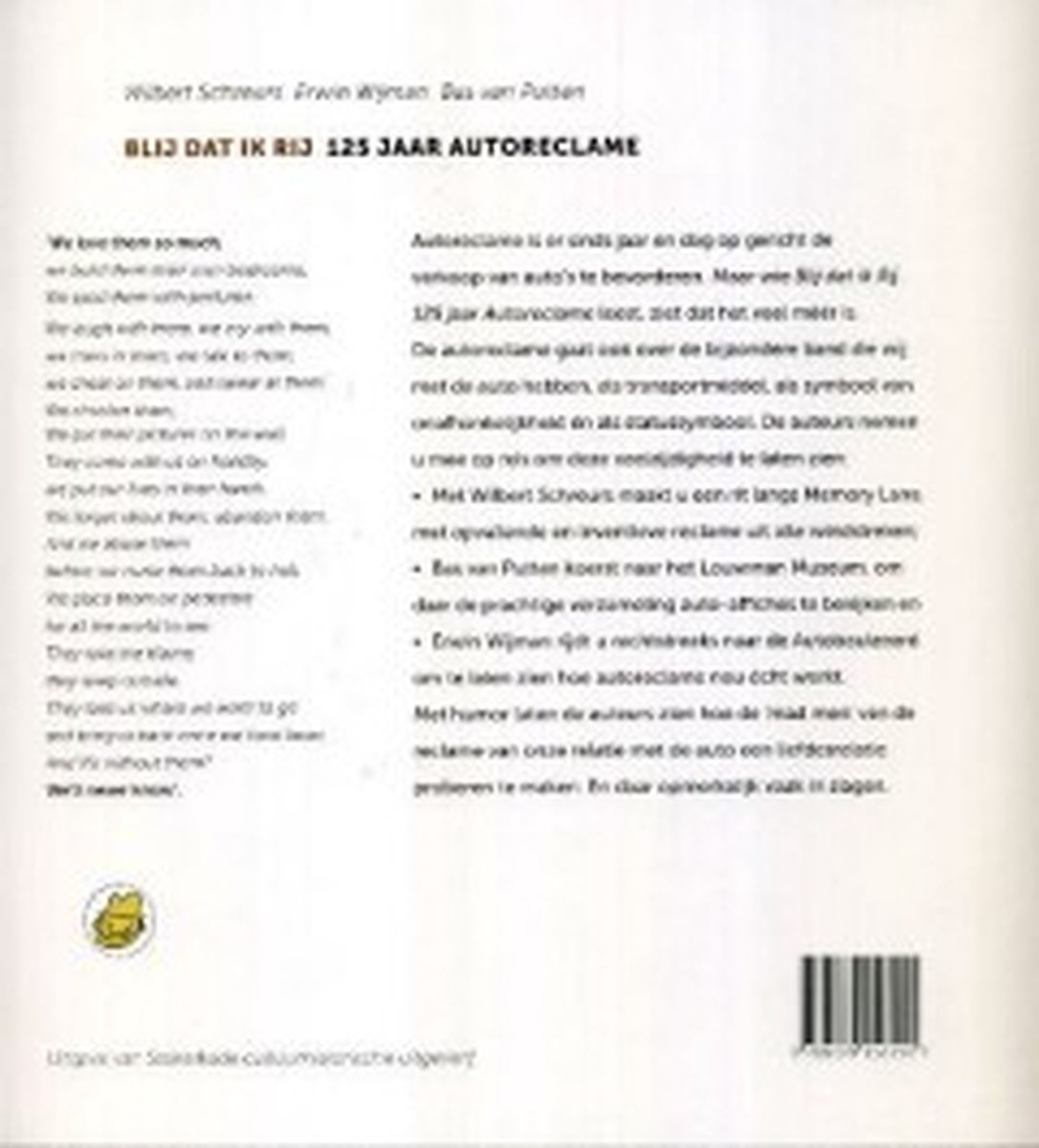 Boek met tekst en gedicht over 125 jaar autoadvertenties. Kleine gele cartoon van een kikker met hoed.