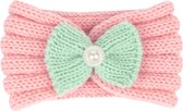 Gebreide Baby Winter Hoofdband met Strik en Parel - Maat 0-12 mnd - Roze & Mint