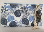 Toilettasje - Make-up Tasje - Strand Etui - Pennen Etui -  20 x 12 cm - Blauw/Wit Schelpenprint - Met All over Print