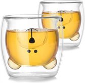 MONOO Dubbelwandig Glas met Berenkop - 4 Stuks - 200 ml - Thermische Glas - Koffieglazen - Theeglazen