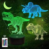 3D-nachtlamp voor kinderen, dinosaurus, 3 verschillende, met afstandsbediening en 16 verschillende kleuren, dimbaar, kerst- of verjaardagscadeau voor jongens, meisjes, mannen en ki