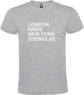 Grijs t-shirt met " London, Paris , New York, Zeewolde " print Wit size S