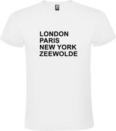 Wit t-shirt met " London, Paris , New York, Zeewolde " print Zwart size S