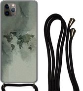 Hoesje met koord Geschikt voor iPhone 11 Pro - Wereldkaart - Groen - Grijs - Siliconen - Crossbody - Backcover met Koord - Telefoonhoesje met koord - Hoesje met touw