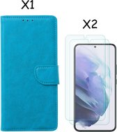 Samsung S22 hoesje Blauw Samsung Galaxy S22 5G hoesje bookcase portemonnee cover - Samsung hoesje S22 - Samsung S22 screenprotector / 2X Beschermglas