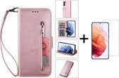 Luxe Telefoonhoesje voor Samsung Galaxy S22 Ultra | Hoogwaardig Leren Bookcase | Lederen Wallet Case | Pasjeshouder | Roze + 1x Screenprotector