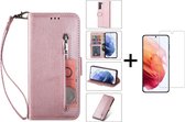 Luxe Telefoonhoesje voor Samsung Galaxy S22 | Hoogwaardig Leren Bookcase | Lederen Wallet Case | Pasjeshouder | Roze + 1x Screenprotector