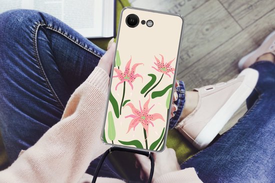 Coque avec cordon iPhone SE 2020 - Bloem - Rose - Feuilles - Siliconen - Bandoulière - Coque arrière avec cordon - Etui pour téléphone avec cordon - Etui avec corde - Cadeaux chaussures - Petits cadeaux - Sinterklaas for big kids
