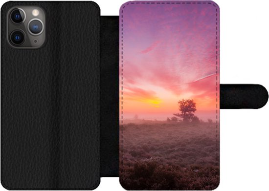 Foto: Bookcase geschikt voor iphone 11 pro max telefoonhoesje paarse tinten in nederlands landschap met vakjes wallet case met magneetsluiting