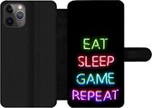 Bookcase Geschikt voor iPhone 11 Pro Max telefoonhoesje - Gaming - Led - Quote - Eat sleep game repeat - Gamen - Met vakjes - Wallet case met magneetsluiting