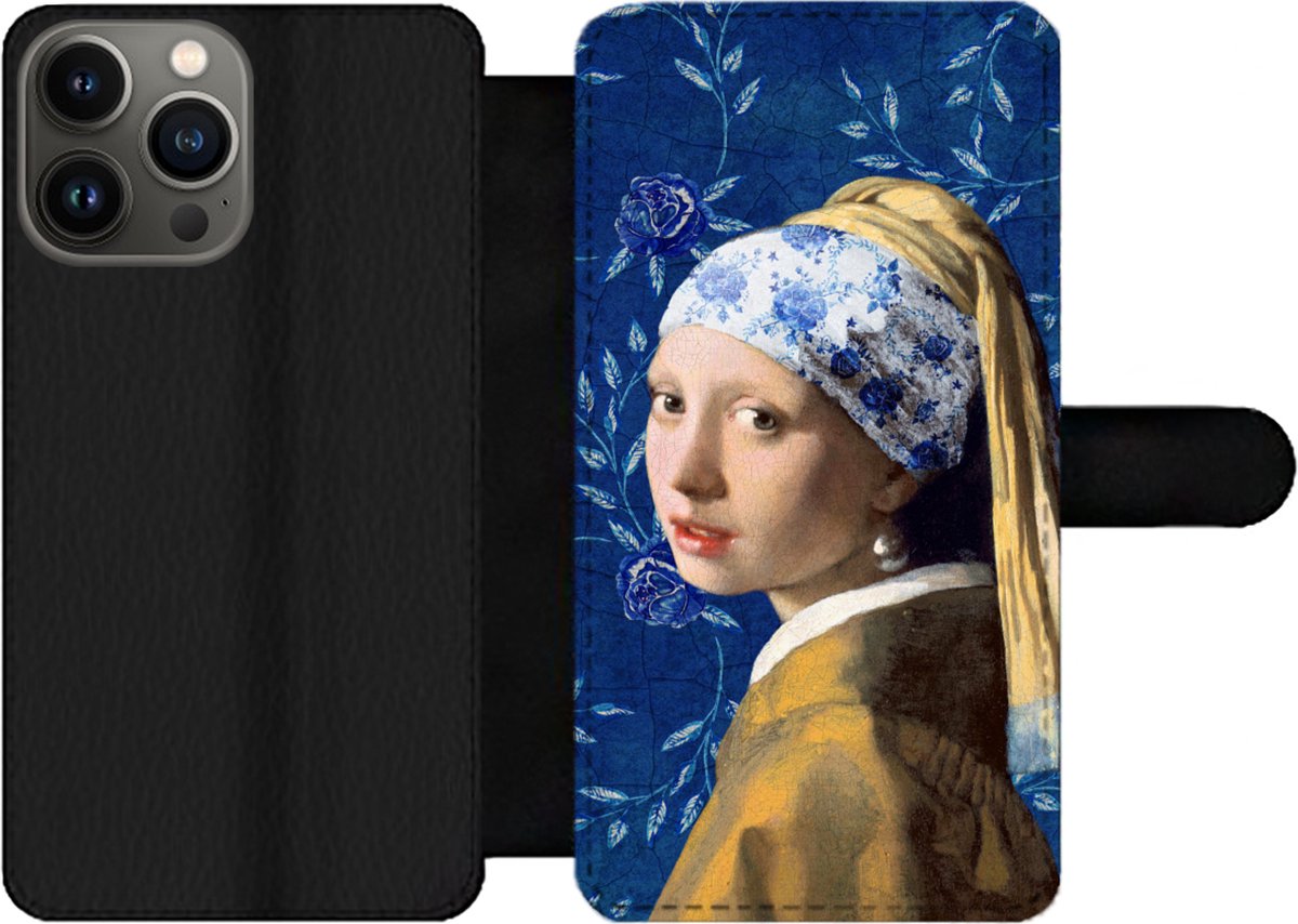 Telefoonhoesje Geschikt voor iPhone 13 Pro Max telefoonhoesje - Meisje met de parel - Delfts blauw - Vermeer - Bloemen - Schilderij - Oude meesters - Met vakjes - Wallet case met magneetsluiting