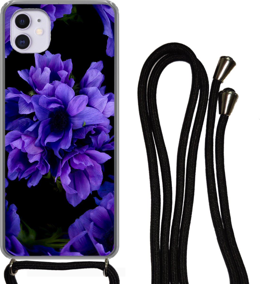 Telefoonhoesje Geschikt voor iPhone 12 - Patroon - Bloemen - Paars - Siliconen - Crossbody - Backcover met Koord - Telefoonhoesje met koord - Hoesje met touw Telefoonhoesje