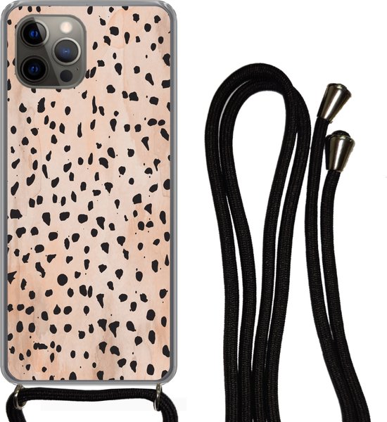 Cordon téléphonique - Chaîne téléphonique - Coque avec cordon iPhone 12 Pro - Pois - Zwart - Marbre - Siliconen - Bandoulière - Coque pour téléphone avec cordon
