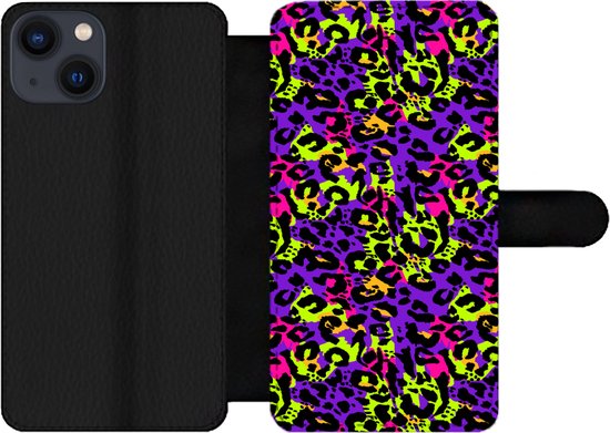 Étui pour iPhone 13 Bookcase - Imprimé animal - Arc-en-ciel - Néon - Avec compartiments - Étui portefeuille avec fermeture magnétique