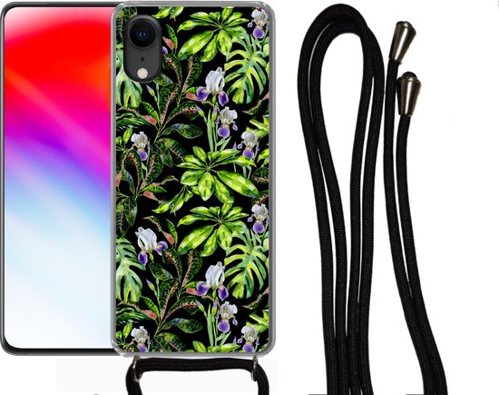 Coque avec cordon iPhone XR - Bloem - Feuilles - Motif - Siliconen - Bandoulière - Coque arrière avec cordon - Coque pour téléphone avec cordon - Coque avec corde