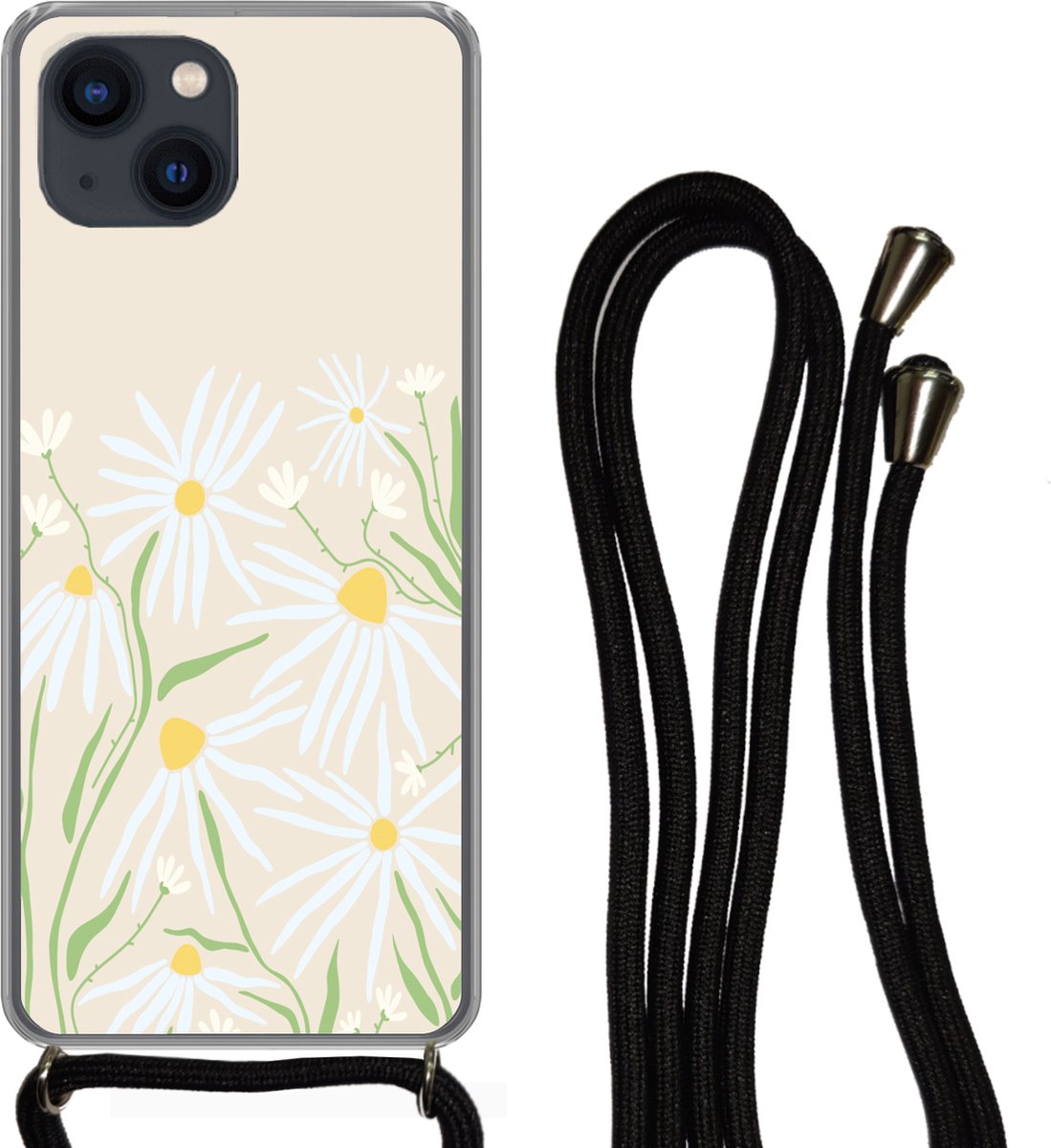 Telefoonhoesje Geschikt voor iPhone 13 Mini - Bloem - Patroon - Geel - Siliconen - Crossbody - Backcover met Koord - Telefoonhoesje met koord - Hoesje met touw Telefoonhoesje