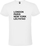 Wit t-shirt met " London, Paris , New York, Lelystad " print Zwart size XXXL