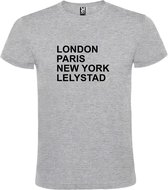 Grijs t-shirt met " London, Paris , New York, Lelystad " print Zwart size S