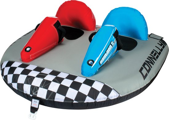 Grijze Connelly Daytona 2 towable met twee zitplaatsen, raceauto-vormige voorkant met rode en blauwe 'motorkappen'.