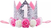 Verjaardag hoedje Wit/Zilver/Roze 1 jaar - hoed 1e verjaardag - cakesmash - hoedje - 1 - birthday