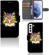 Wallet Book Case Geschikt voor Samsung Galaxy S22 Smartphone Hoesje Cat Color Leuke Verjaardagscadeaus