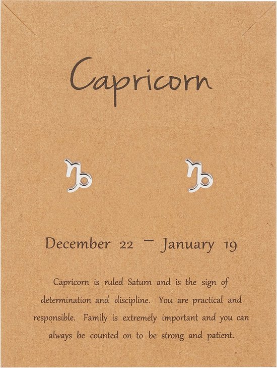 Bixorp Stars - Boucles d'oreilles d'oreilles en métal argenté Signe du zodiaque Capricorne (Capricorne) & Informations anglaises sur le signe du zodiaque