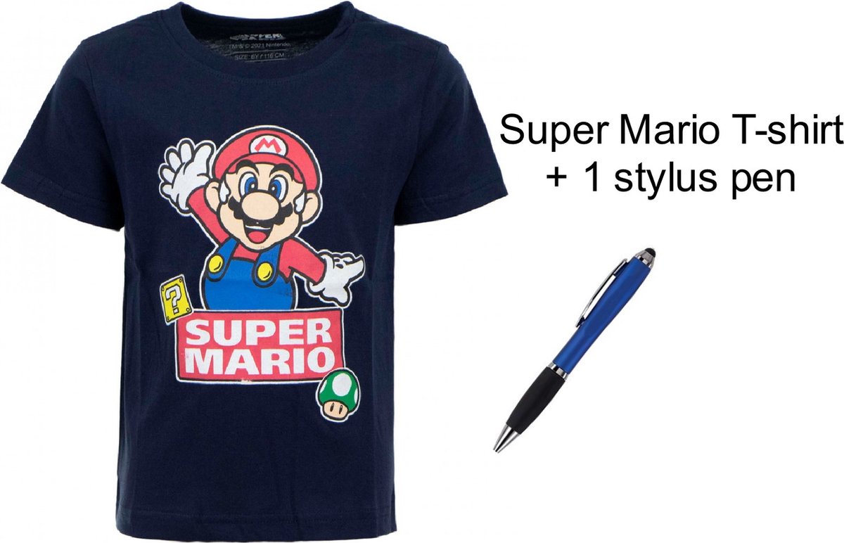 Super Mario Bross T-shirt - Kleur Donkerblauw - 100% Katoen. Maat 104 cm / 4 jaar + EXTRA 1 Stylus Pen.