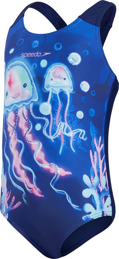 Donkerblauw Speedo badpak met roze kwallenprint en waterplanten. Gemaakt van sneldrogend materiaal.