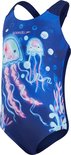 Donkerblauw Speedo badpak met roze kwallenprint en waterplanten. Gemaakt van sneldrogend materiaal.