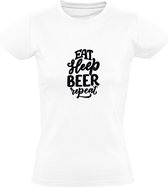 Eat Sleep Beer Repeat | Dames T-shirt | Wit | Eet Slaap Bier Herhaal | Borrel | Feest | Carnaval | Oktoberfeest | Humor