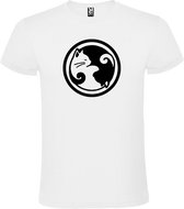 Wit T-shirt ‘Yin Yang Katten’ Zwart Maat S