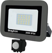 Braytron LED Buitenlamp - Schijnwerper - Breedstraler Floodlight - Met Bewegingssensor , Met Dag en Nacht Sensor-Waterdicht  IP54- 30W- Grijs 6500K Koel wit licht