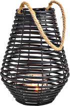 Lantaarn - Windlicht - Waxinelichthouder - Zwarte lantaarn met glazen waxinelichthouder met touwhandvat