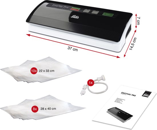 Machine sous vide Solis EasyVac Pro noire et blanche avec dimensions et un aperçu des sacs et du tuyau inclus.