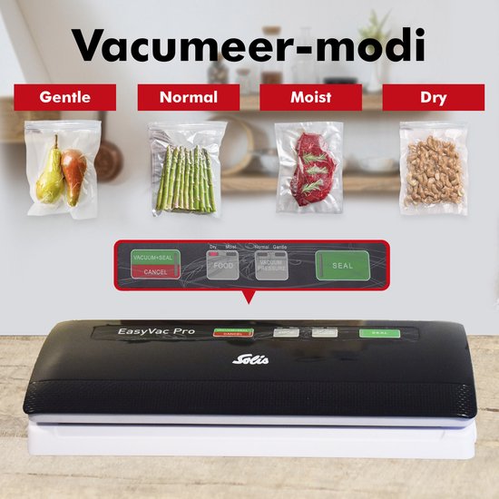 Machine sous vide noire avec panneau de commande montrant les 4 modes de vide : Doux, Normal, Humide, Sec, avec exemples d'aliments.