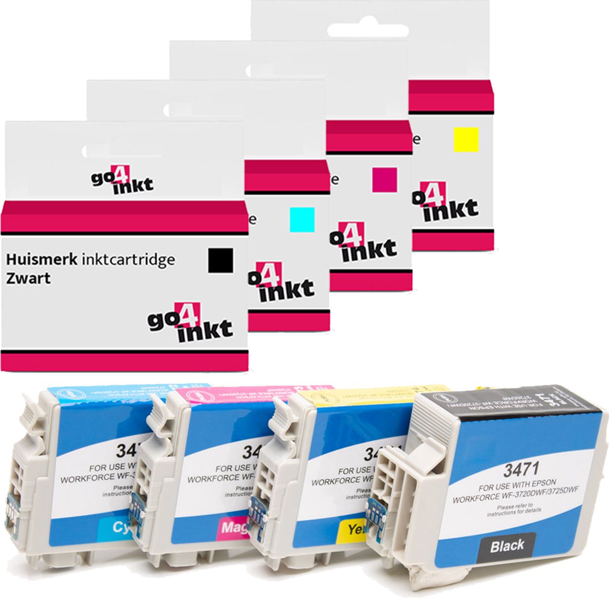 4st. Go4inkt compatible met Epson 34XL, T3471, T3472, T3473 en T3474 bk/c/m/y inkt cartridges zwart, cyaan, magenta, yellow