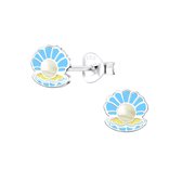 Joy|S - Zilveren schelp oorbellen met pareltje - kinderoorbellen - blauw - 7 mm