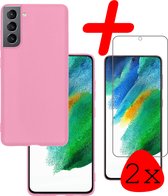 Samsung Galaxy S21 FE Hoesje Siliconen Met 2x Screenprotector - Samsung Galaxy S21 FE Case Hoes Met 2x Screenprotector - Licht Roze