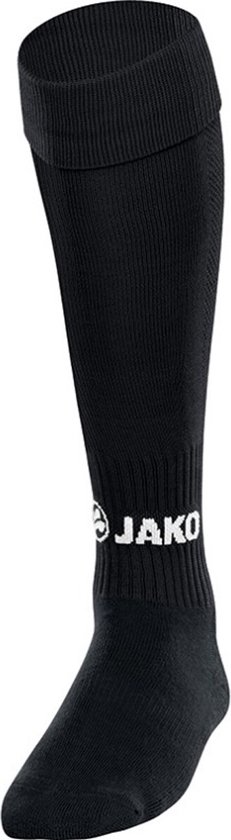 Chaussette de football JAKO noire avec inscription JAKO blanche, pliée en haut.