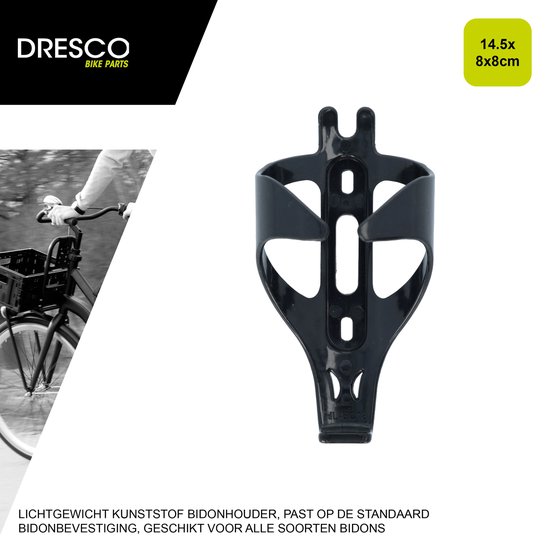 Zwarte kunststof bidonhouder op verpakking met fietser en tekst 'Dresco Bike Parts'.