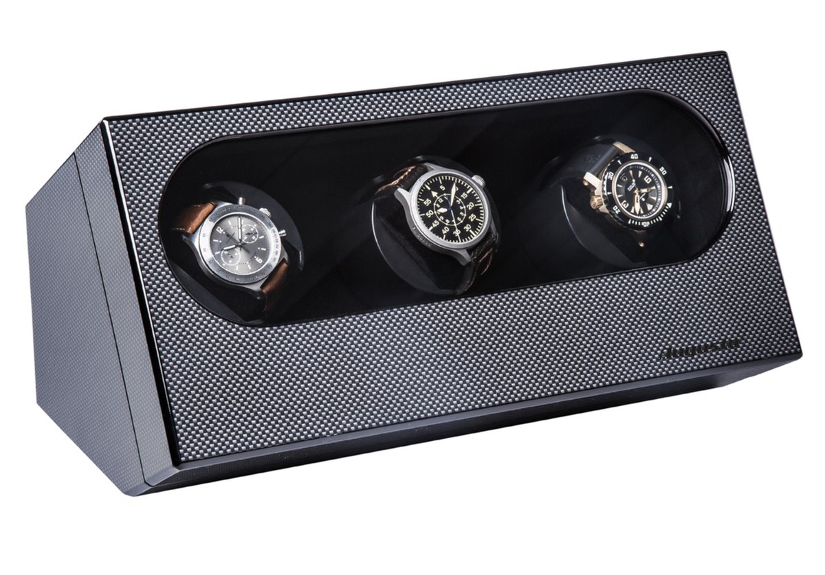 Watchwinder - Augusta - Automatisch horloge opwinden - Doos - Box - Opbergbox horloge - Werkt op lichtnet - 3 horloges - Carbon