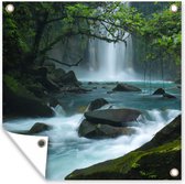 Tuinposters Helderblauwe wilde rivier en watervallen in het regenwoud van Costa Rica - 50x50 cm - Tuindoek - Buitenposter