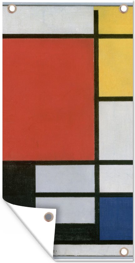 Schuttingposter Compositie 2 in Rood Blauw en Geel - Piet Mondriaan - 100x200 cm - Tuindoek