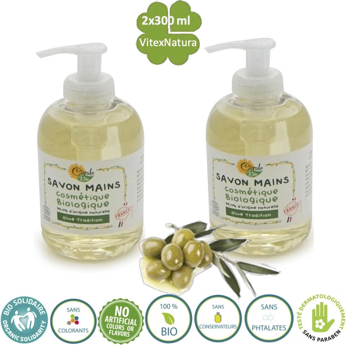 Goedkoopste Ruwe Olijfolie | handzeep 2x300ml | Ingrediënten uit biologische landbouw | Cigale Bio